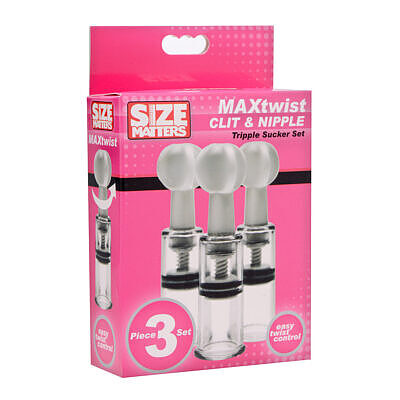 Three clear twisted suction cylinders of Size Matters Twisted Triplets nipple and clit suckers on white surface.