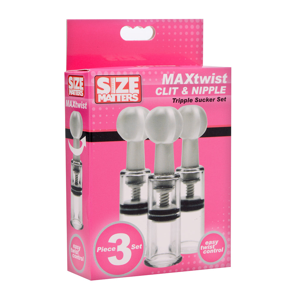 Three clear twisted suction cylinders of Size Matters Twisted Triplets nipple and clit suckers on white surface.