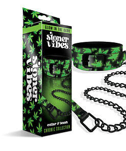 Glow collar leash with neon green cannabis print on black collar and silver chain