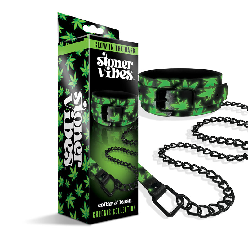 Glow collar leash with neon green cannabis print on black collar and silver chain