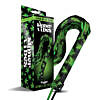Black cannabis-embossed faux leather flogger glowing green in the dark on a bedroom surface.