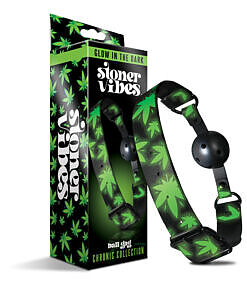 Glow in the dark ball gag with breathable design and adjustable buckle strap from Stoner Vibes Chronic Collection.