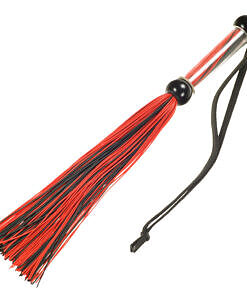 Black silicone flogger with slender tails and wrist strap displayed on a white surface.