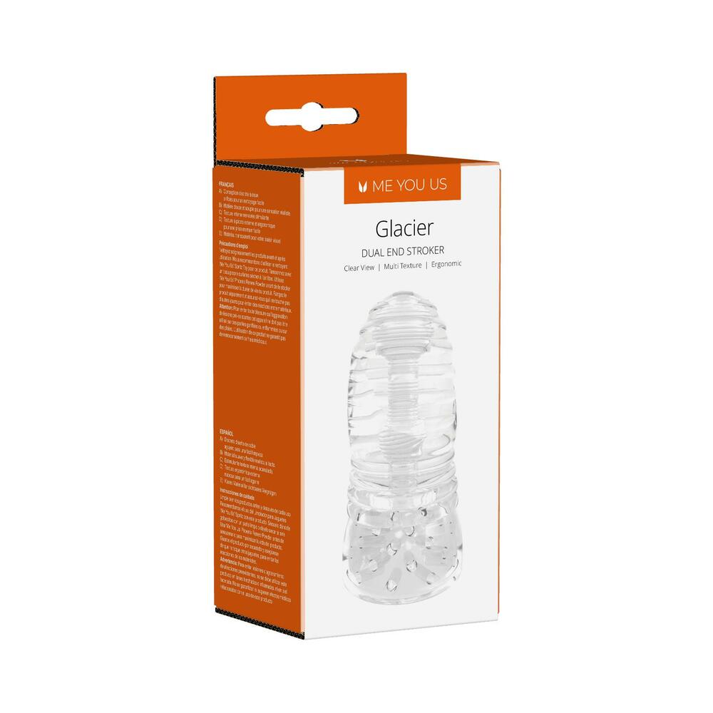 Me You Us Glacier Dual End Stroker with dual openings and textured clear sleeve