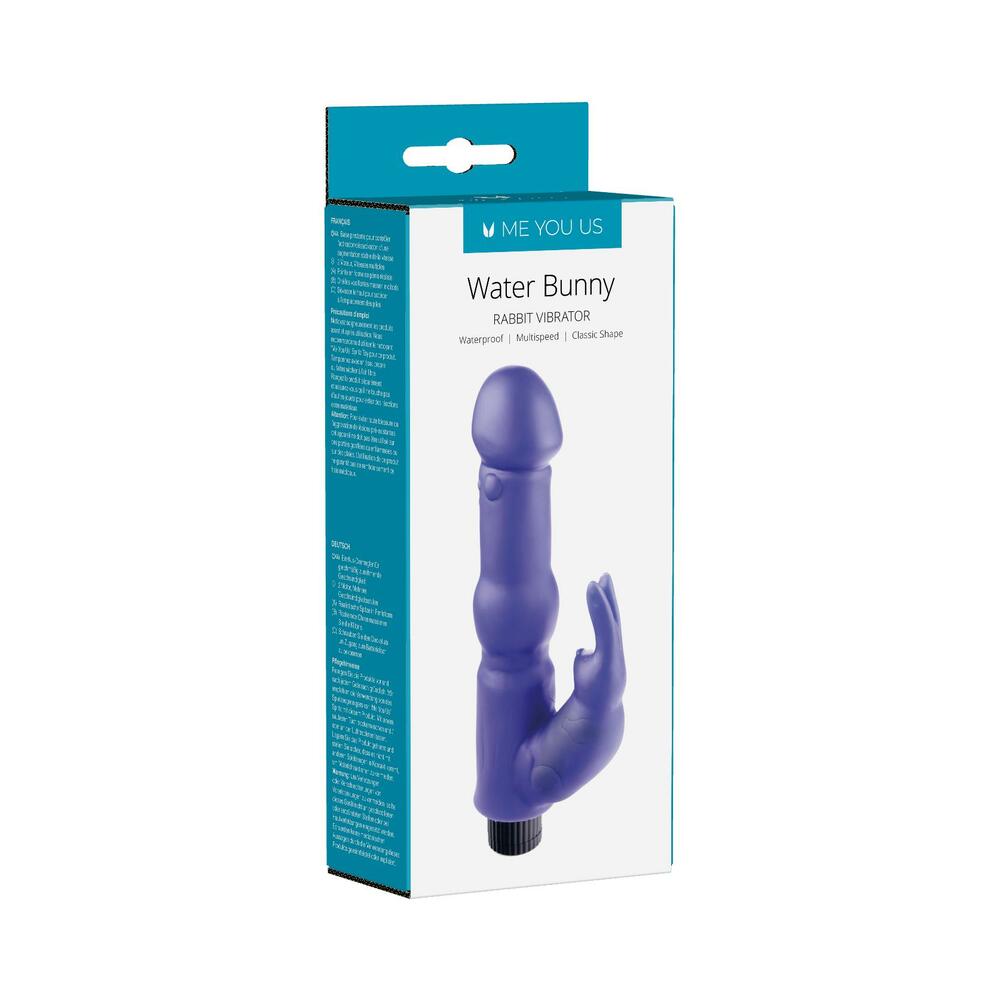 Me You Us Water Bunny Rabbit Vibrator Purple lying on wet bathroom tiles with water droplets