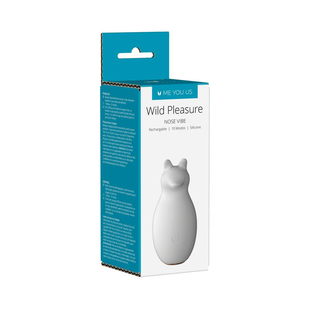 Me You Us Wild Pleasure Nose vibrator with liquid silicone nubby nose sitting on a soft white background showing its compact animal shape.
