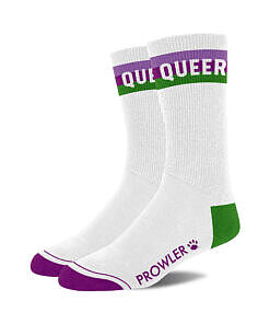 Prowler Queer Socks showing vibrant rainbow colours on the toe and heel against a crisp white background.