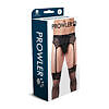 Black lace men's garter set with intricate floral pattern and adjustable black straps laid on a dark surface.