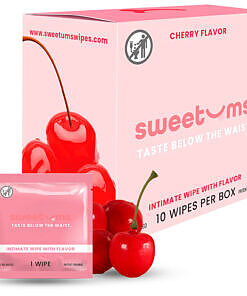 Sweetums Intimate Wipes Cherry Flavor 10-Pack pouch with tear-open wipe packet and cherry illustration.