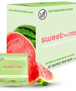 Sweetums Intimate Wipes Watermelon Flavor 10-Pack with a fresh watermelon wedge