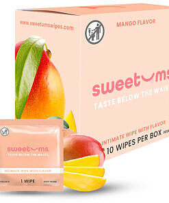 Sweetums Mango Flavor Intimate Wipes pack with soft white moist towelettes and mango fruit design