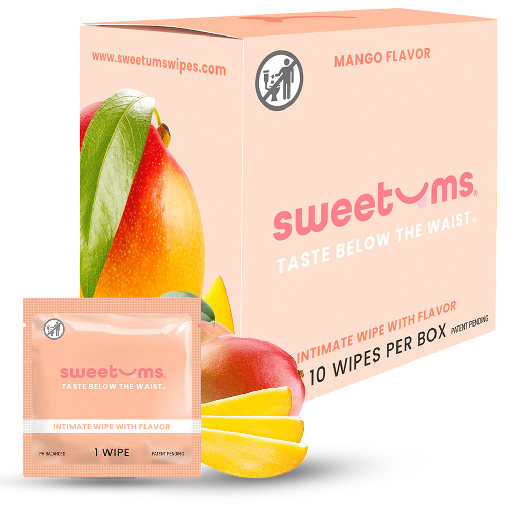 Sweetums Mango Flavor Intimate Wipes pack with soft white moist towelettes and mango fruit design
