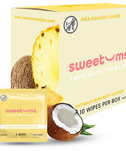 Sweetums Pina Colada intimate wipes 10-pack in bright yellow packaging with pineapple and coconut imagery next to an open foil packet.