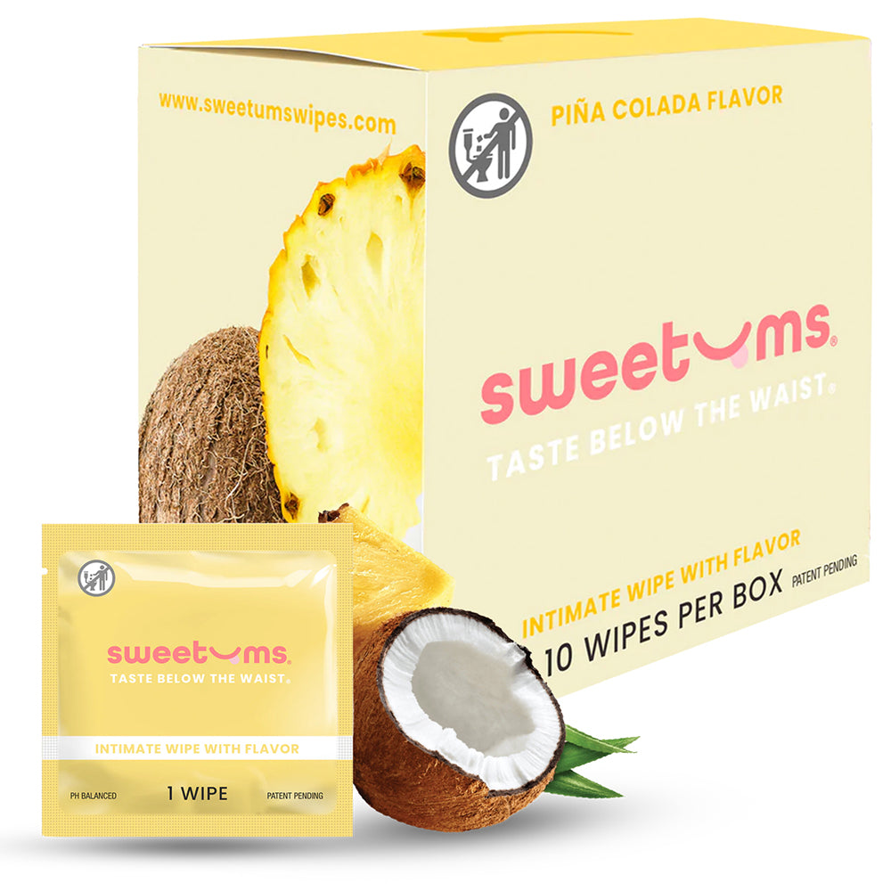 Sweetums Pina Colada intimate wipes 10-pack in bright yellow packaging with pineapple and coconut imagery next to an open foil packet.