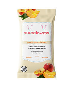 Sweetums Intimate Wipes Peach Scent 30-pack packaging with peach illustration and a single soft white wipe.