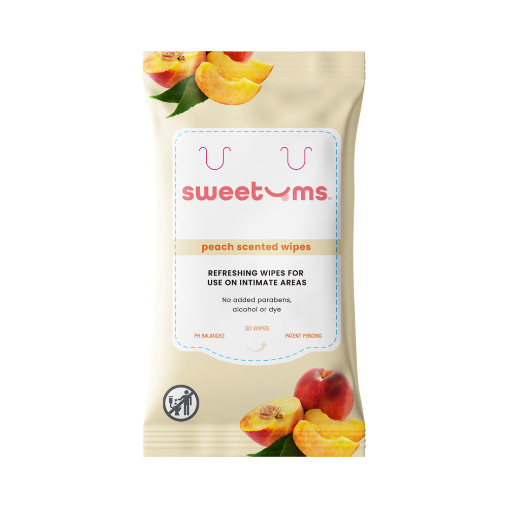 Sweetums Intimate Wipes Peach Scent 30-pack packaging with peach illustration and a single soft white wipe.