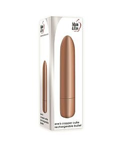 Copper-colored Adam & Eve Eve's Copper Cutie rechargeable bullet vibrator with USB charging cable on soft background.