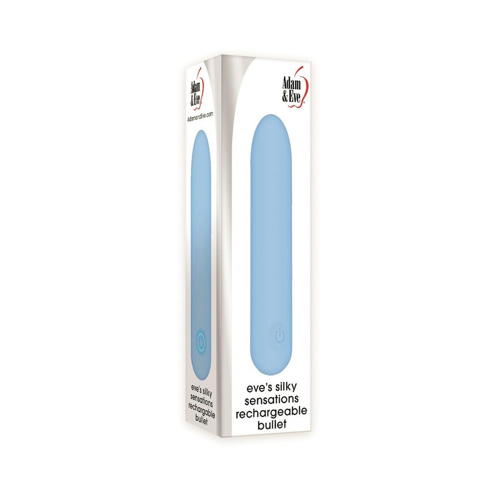 Adam & Eve Eve's Silky Sensations Rechargeable Bullet - sleek silicone bullet with USB cable on soft fabric.