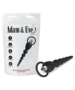 Black silicone Adam & Eve Vibrating Anal Beads with flexible neck and purple control button resting on a white surface.