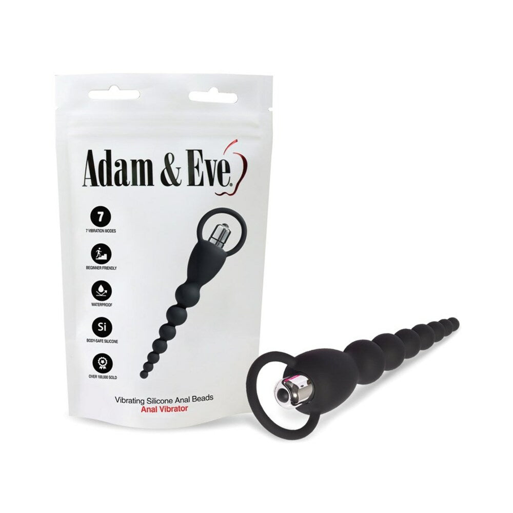 Black silicone Adam & Eve Vibrating Anal Beads with flexible neck and purple control button resting on a white surface.