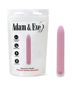 Pink velvety Adam & Eve Velvet Kiss vibrator on a white background with its storage bag next to it.