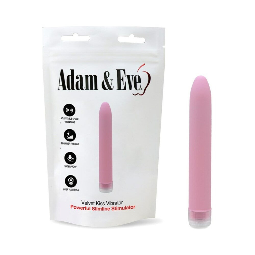 Pink velvety Adam & Eve Velvet Kiss vibrator on a white background with its storage bag next to it.