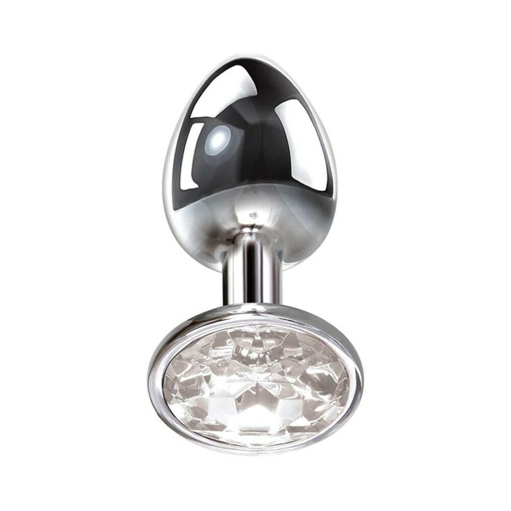 Adam & Eve Clear Gem Anal Plug Small with sparkling jeweled base on white background