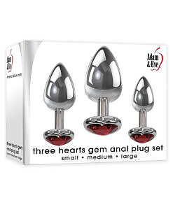 Adam & Eve Three Hearts Gem Anal Plug Set - 3 graduated aluminum plugs with heart gem bases