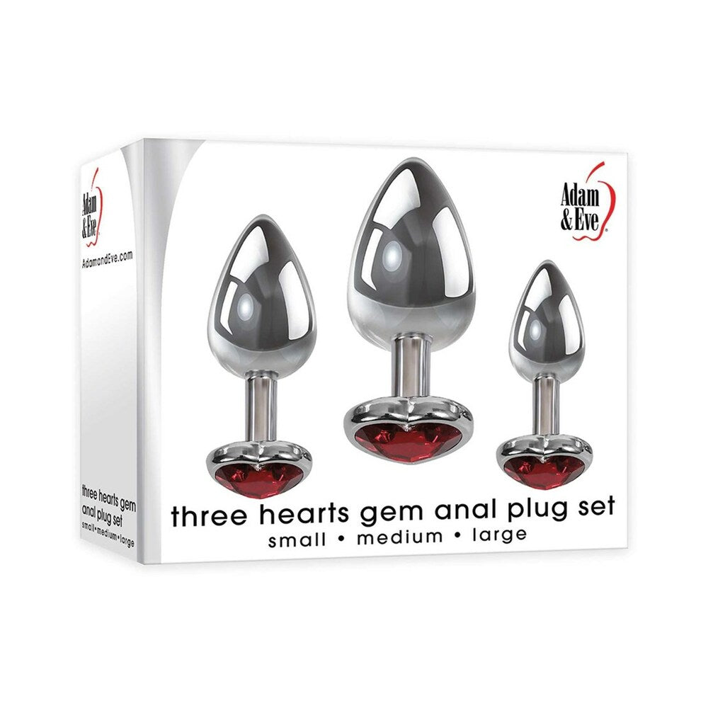Adam & Eve Three Hearts Gem Anal Plug Set - 3 graduated aluminum plugs with heart gem bases