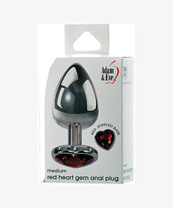 Adam & Eve Red Hearts Gem Anal Plug Medium - polished aluminum with red heart jewel base