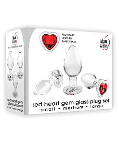 Three red heart gem glass plugs from Adam & Eve set