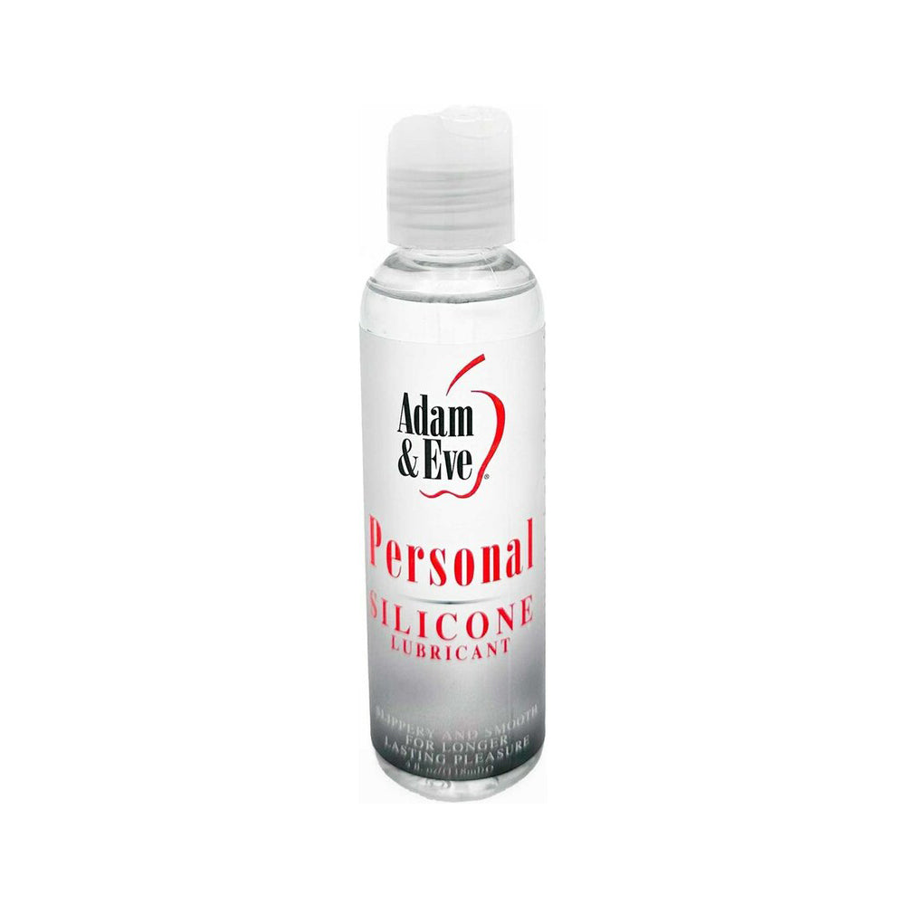 Adam & Eve Personal Silicone Lubricant 4oz bottle with sleek design and clear liquid visible.