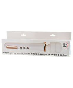 Adam & Eve Magic Massager Rechargeable wand with flexible silicone head and sleek black handle on white background.