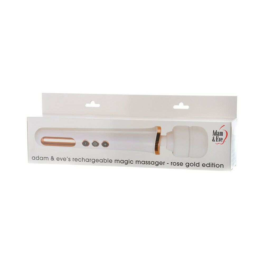 Adam & Eve Magic Massager Rechargeable wand with flexible silicone head and sleek black handle on white background.