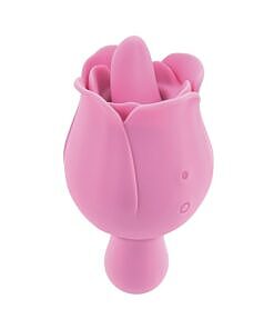 showing silicone petals and flickering tongue tip against a satin sheet.