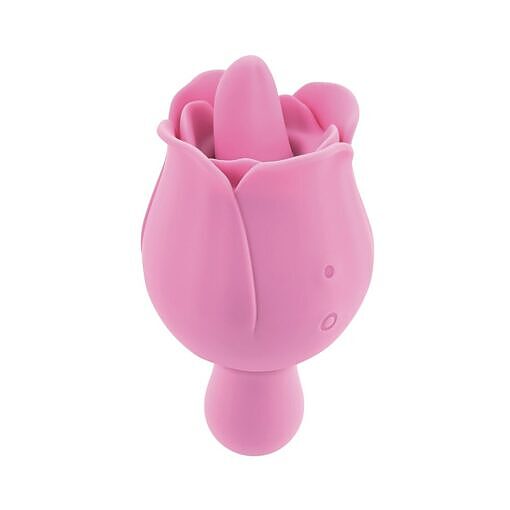 showing silicone petals and flickering tongue tip against a satin sheet.
