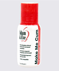 Adam & Eve Make Me Cum Clit Sensitizer Gel 1 oz bottle with clear gel on a purple satin sheet.