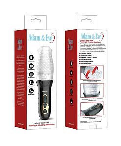 Adam & Eve Adam's Gawk Gawk Rotating & Vibrating Masturbator with soft black sleeve and translucent body on a nightstand.