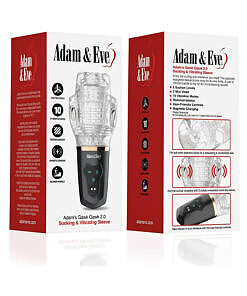 Adam & Eve Adam's Gawk Gawk 2.0 sucking vibrating sleeve with transparent sleeve and dual bullets on white background.