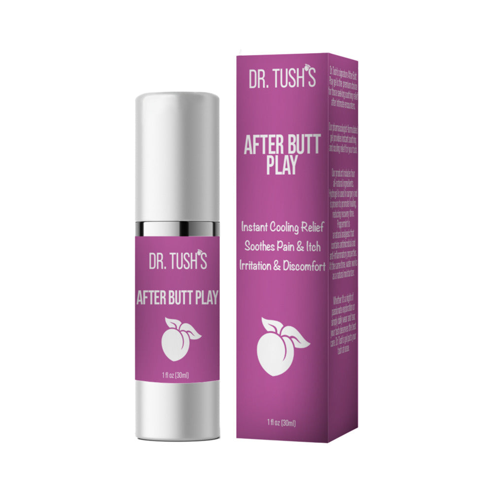 Dr. Tush's After Butt Play Pink Box 1 oz aftercare gel tube and pink packaging on a clean bathroom surface