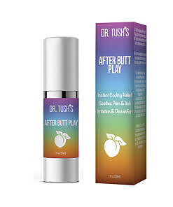 Dr. Tush's After Butt Play Pride Box 1 oz gel tube next to rainbow packaging on white background.