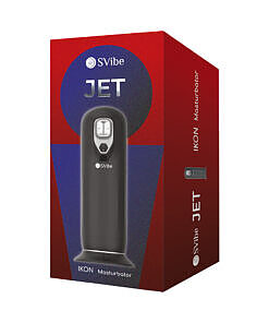 SVibe Ikon Jet Masturbator with black silicone sleeve and backlit control panel on a white background.