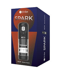 SVibe Ikon Spark Masturbator held in hand showing textured silicone sleeve and one-touch control dial