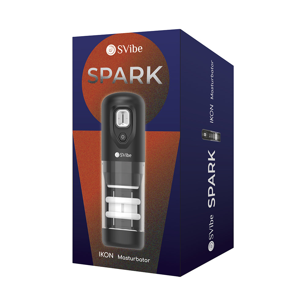 SVibe Ikon Spark Masturbator held in hand showing textured silicone sleeve and one-touch control dial