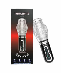 The Male Rose 3 thrusting rotating vibrating masturbator against a dark backdrop