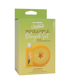 GoodHead Pineapple Blowjob Set with clear ULTRASKYN stroker and pineapple-flavored lubricant bottle on white background