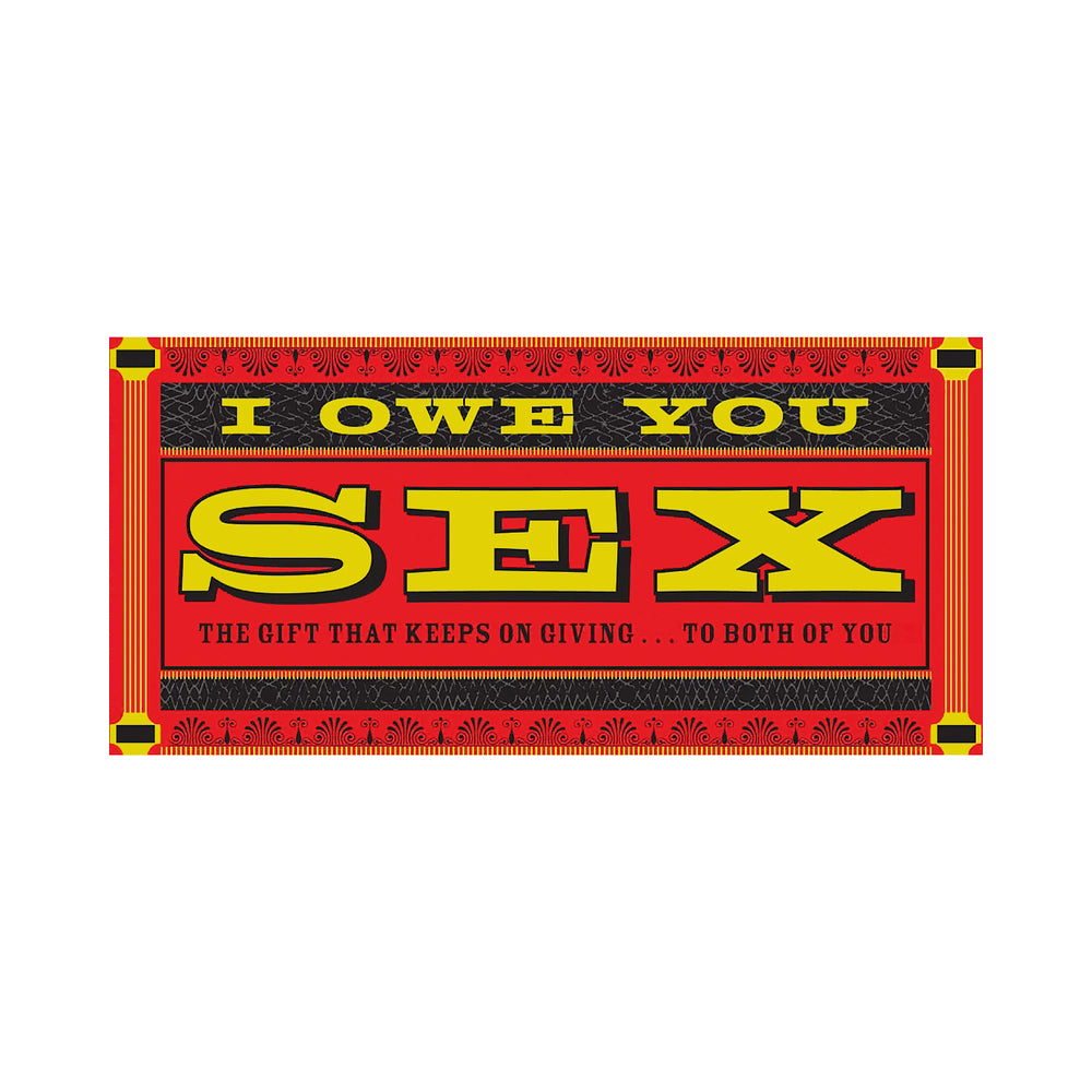 Stack of IOU Sex Gift Coupons booklet with playful favor vouchers on satin sheets.