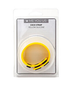 Me You Us Yellow Silicone Cock Strap in vibrant yellow finish showing flexible silicone texture and adjustable design on white background