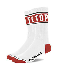 Prowler Top Socks - white crew socks with red toe and heel panels