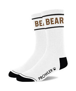 Prowler RED Bear socks in classic white with bold black bear graphic on band